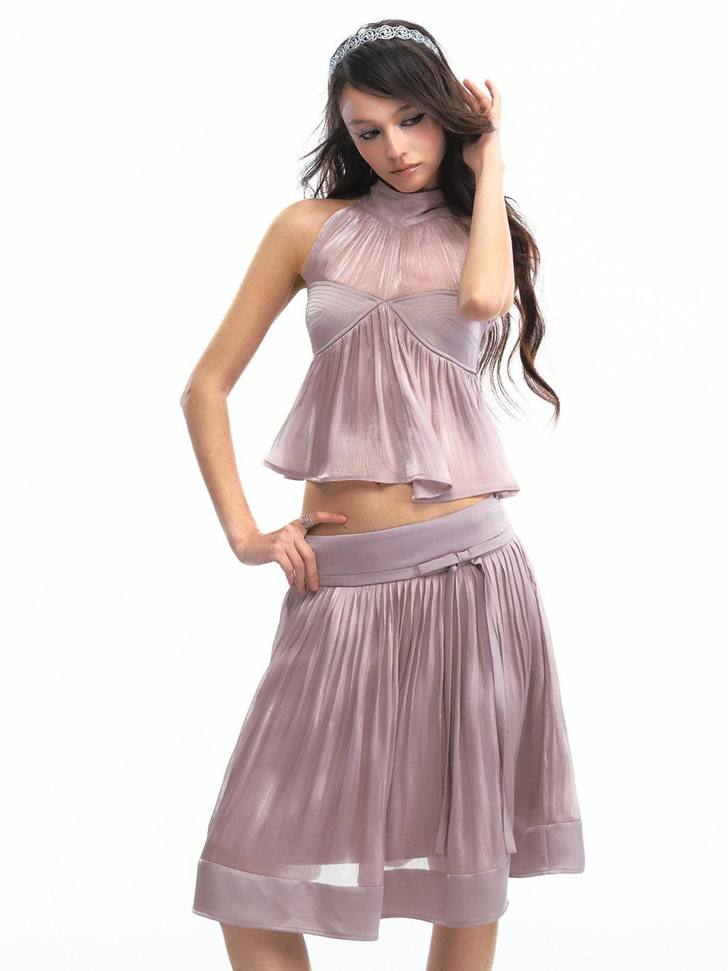 SereneEase Satin Lilac Pleated Halter Cinched Waist Women's Polyester Matching Skirt Sets