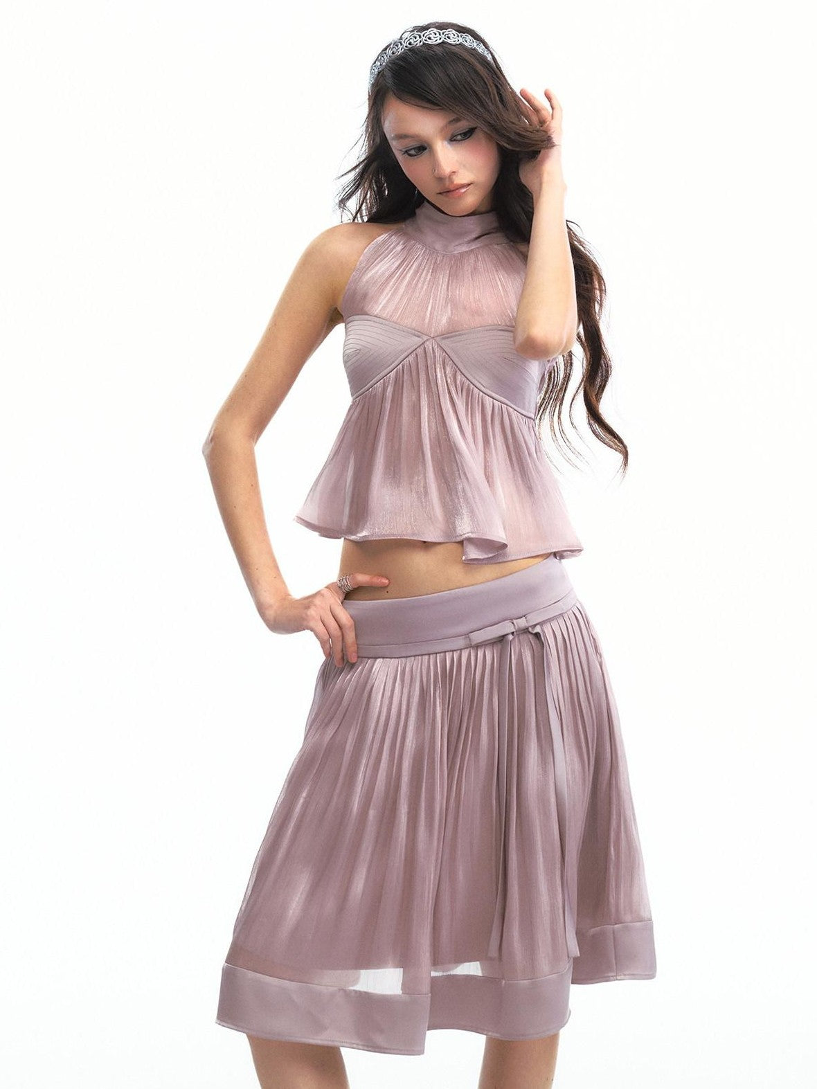 SereneEase Satin Lilac Pleated Halter Cinched Waist Women's Polyester Matching Skirt Sets