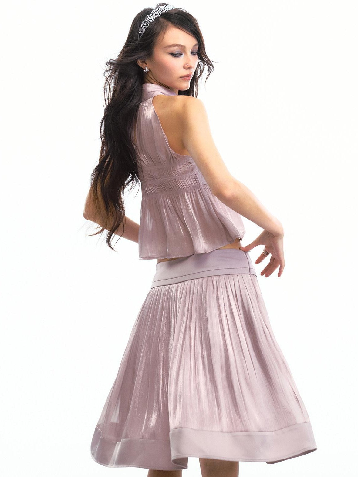 SereneEase Satin Lilac Pleated Halter Cinched Waist Women's Polyester Matching Skirt Sets