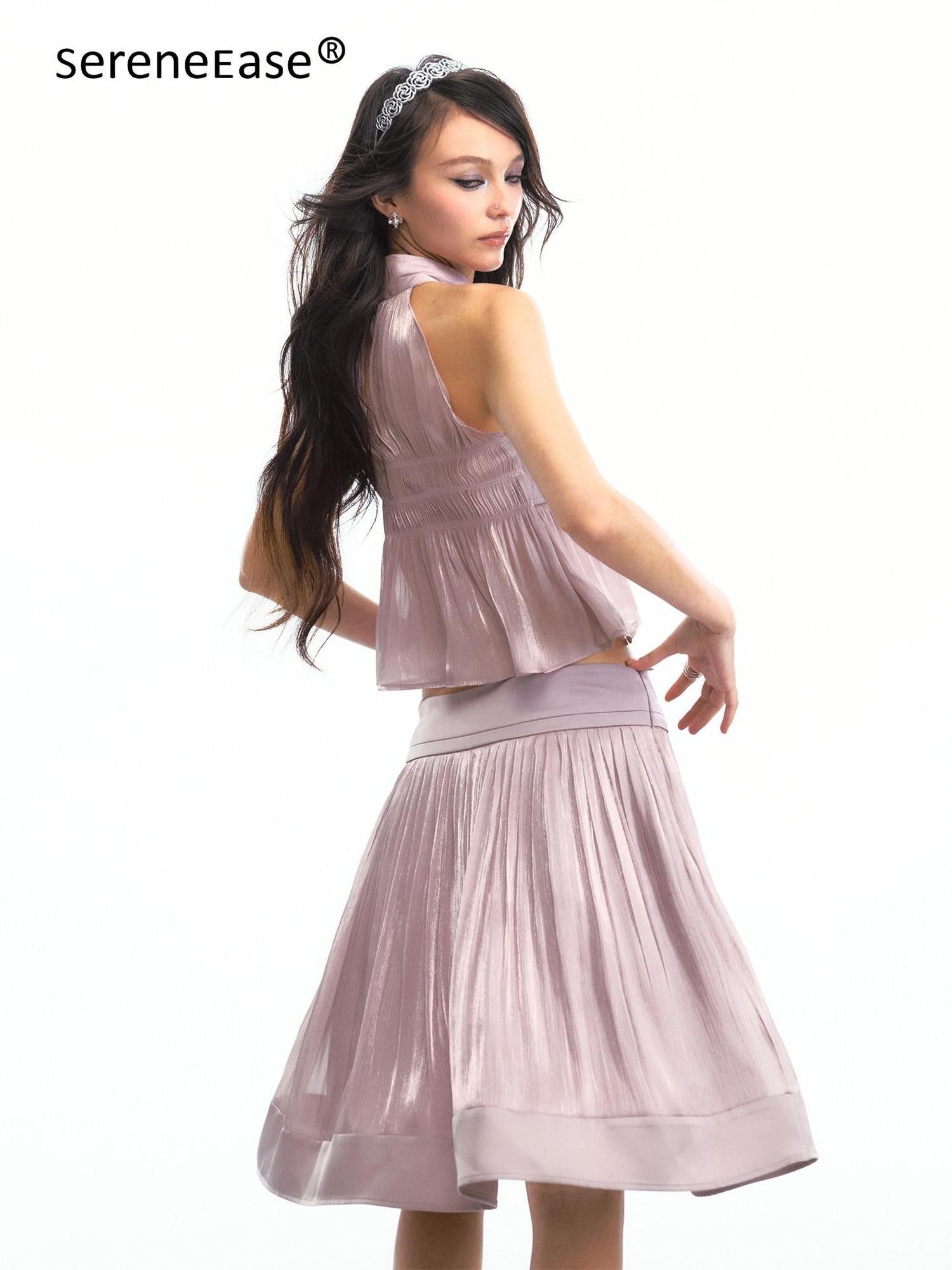 SereneEase Satin Lilac Pleated Halter Cinched Waist Women's Polyester Matching Skirt Sets