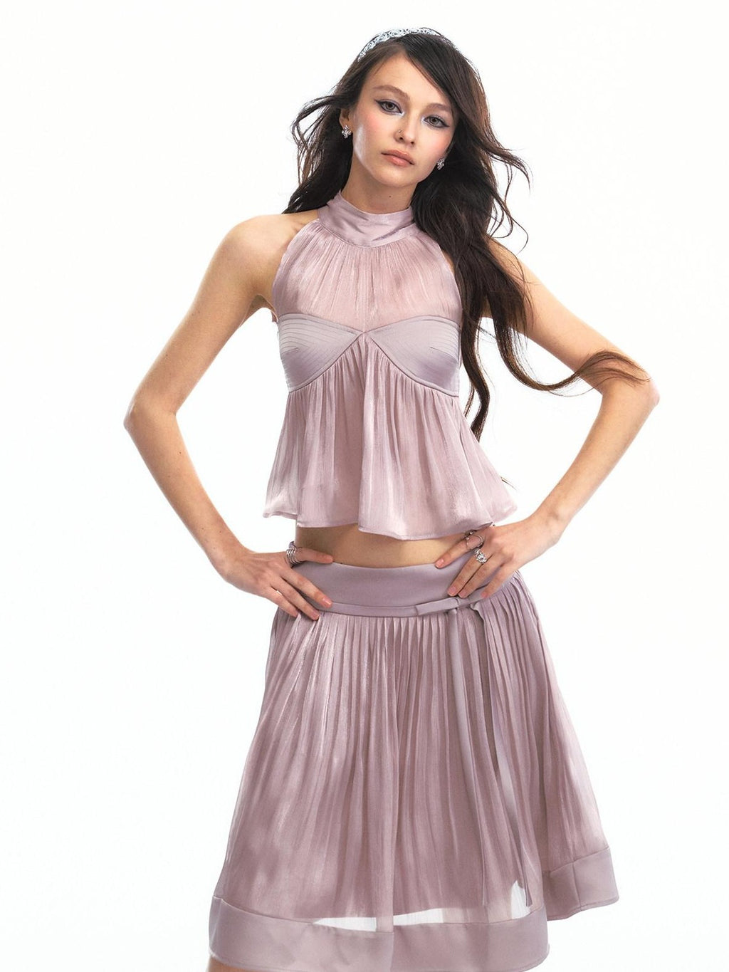 SereneEase Satin Lilac Pleated Halter Cinched Waist Women's Polyester Matching Skirt Sets