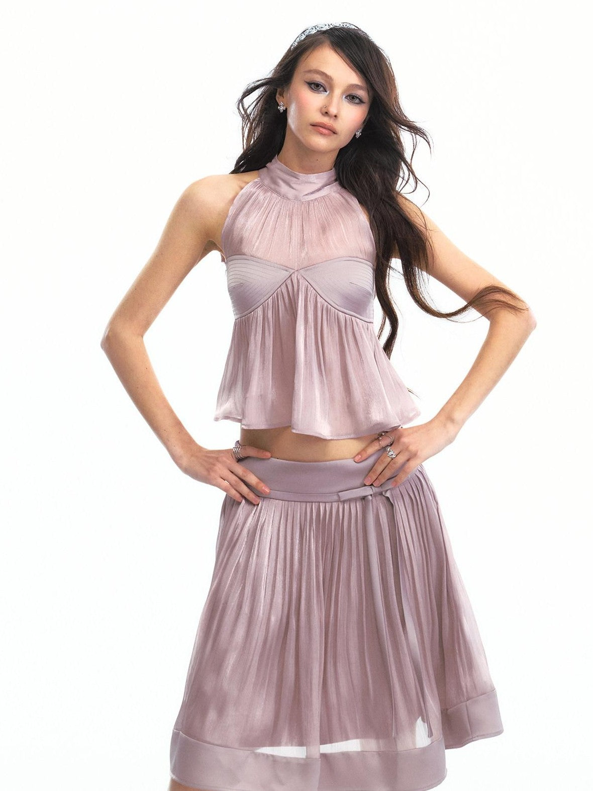 SereneEase Satin Lilac Pleated Halter Cinched Waist Women's Polyester Matching Skirt Sets