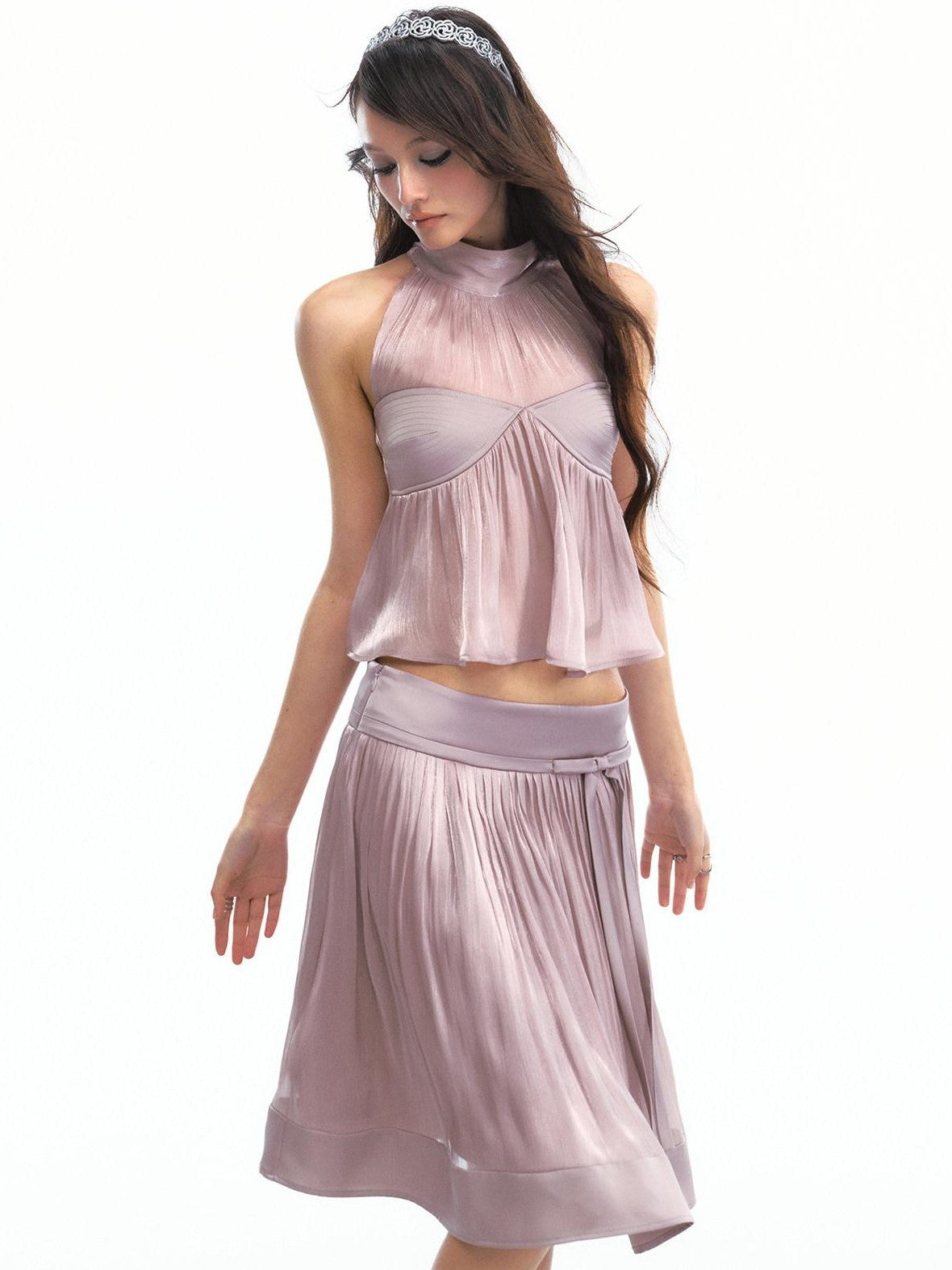 SereneEase Satin Lilac Pleated Halter Cinched Waist Women's Polyester Matching Skirt Sets