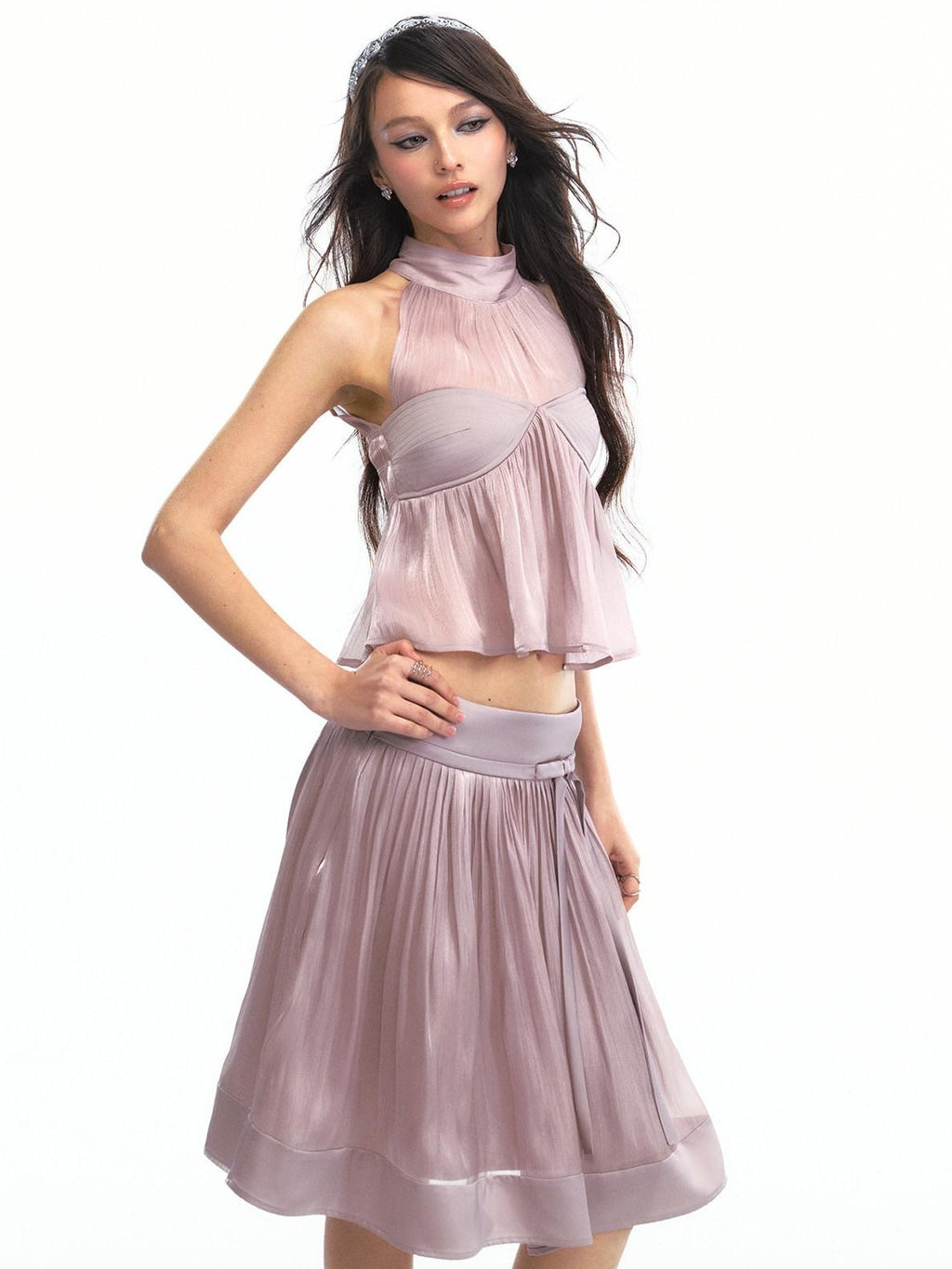 SereneEase Satin Lilac Pleated Halter Cinched Waist Women's Polyester Matching Skirt Sets