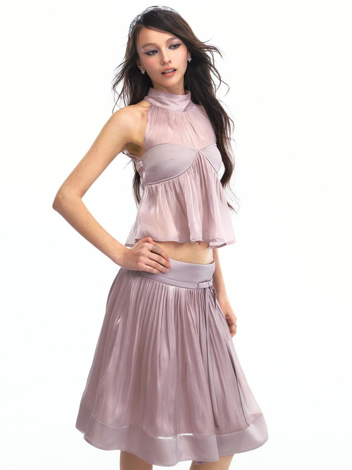 SereneEase Satin Lilac Pleated Halter Cinched Waist Women's Polyester Matching Skirt Sets
