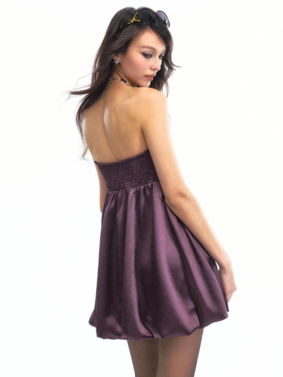 SereneEase Satin Rhinestone Strapless Slim Aline Women's Polyester Halter Mini Dresses