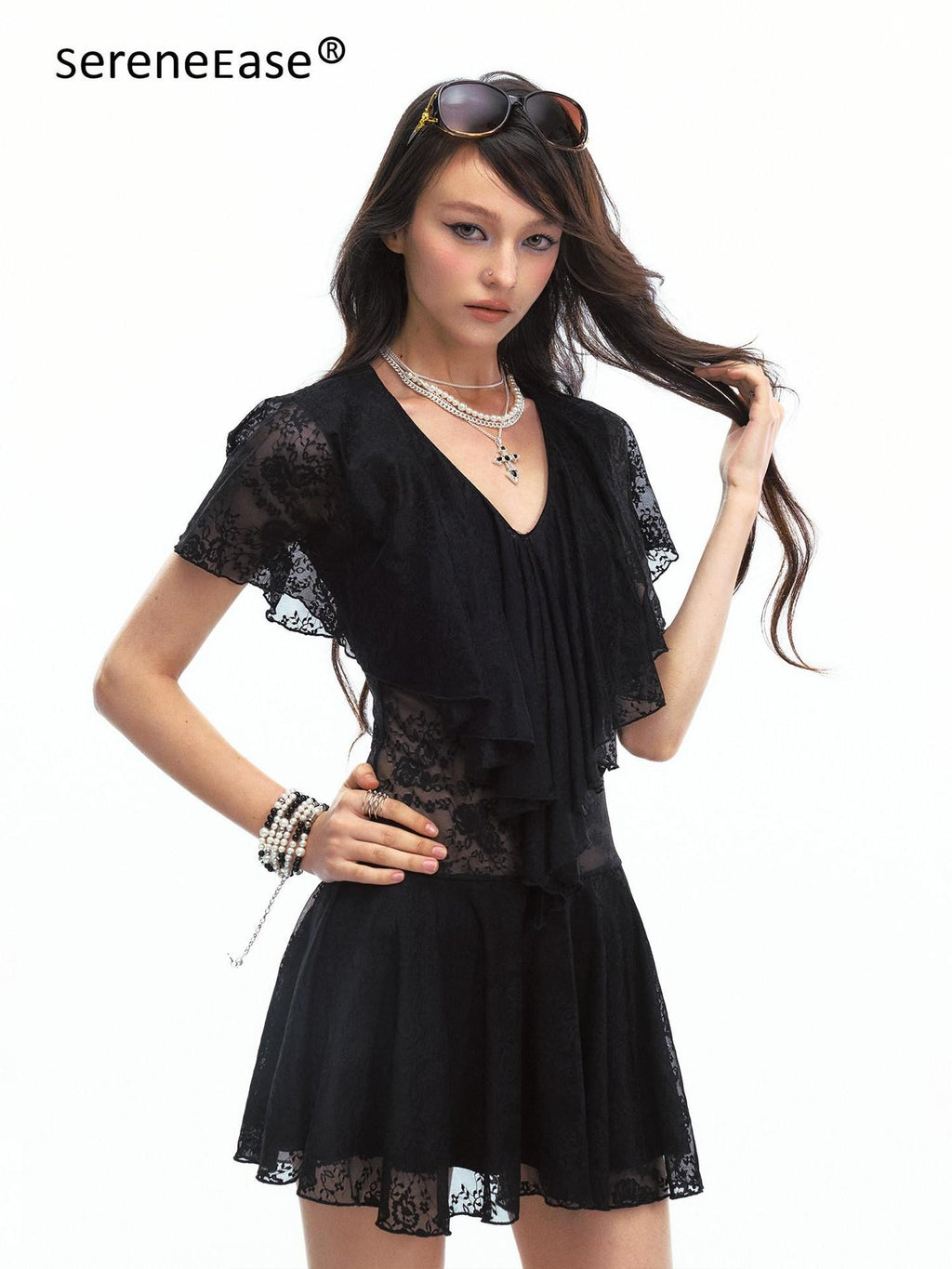 SereneEase Sheer Lace Asymmetric Deep V Waist Cinched Women's Nylon Casual Mini Dresses