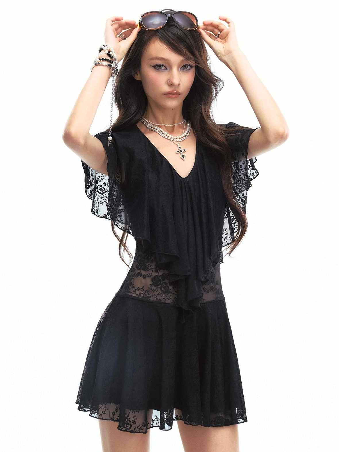 SereneEase Sheer Lace Asymmetric Deep V Waist Cinched Women's Nylon Casual Mini Dresses