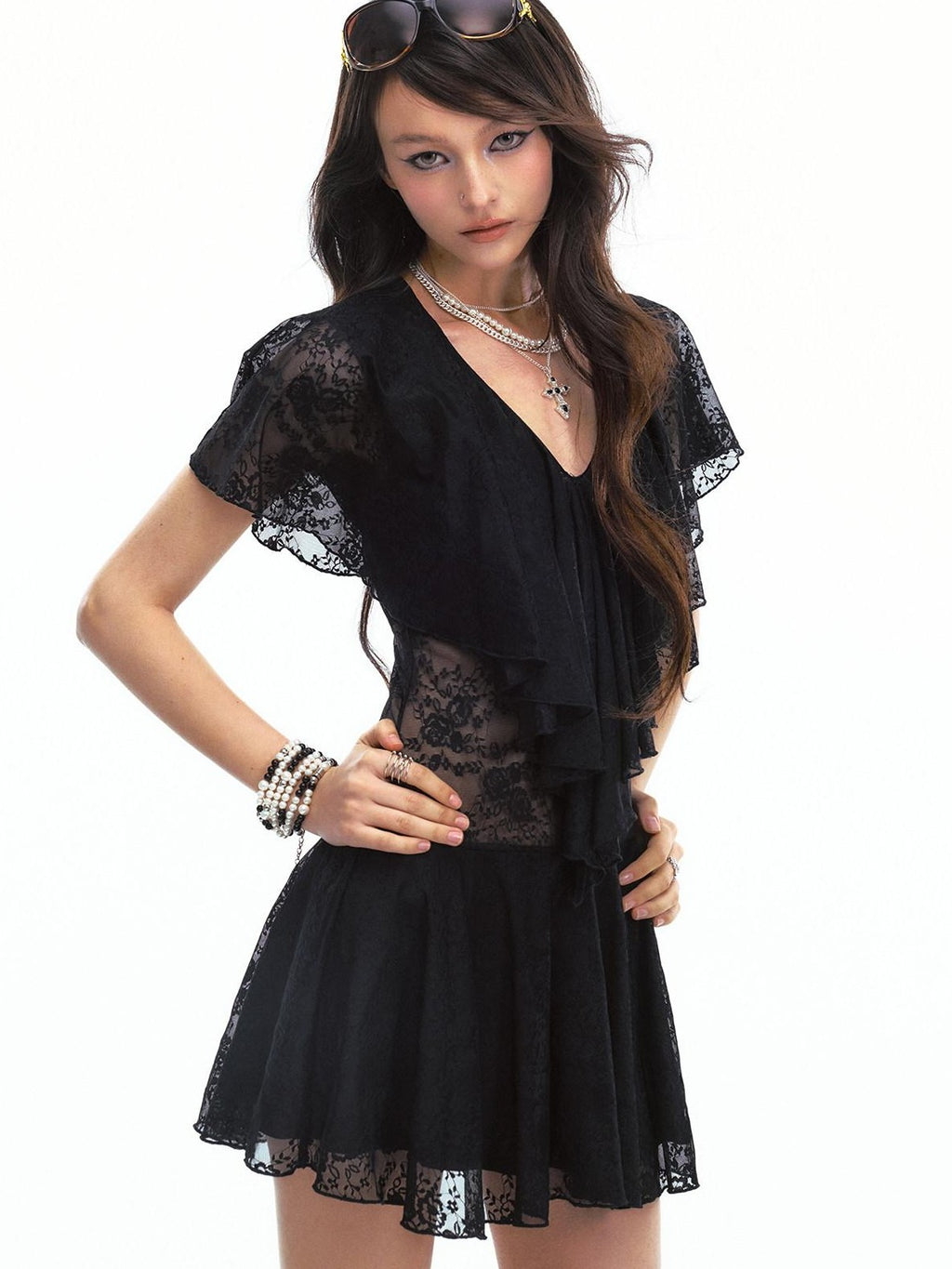 SereneEase Sheer Lace Asymmetric Deep V Waist Cinched Women's Nylon Casual Mini Dresses