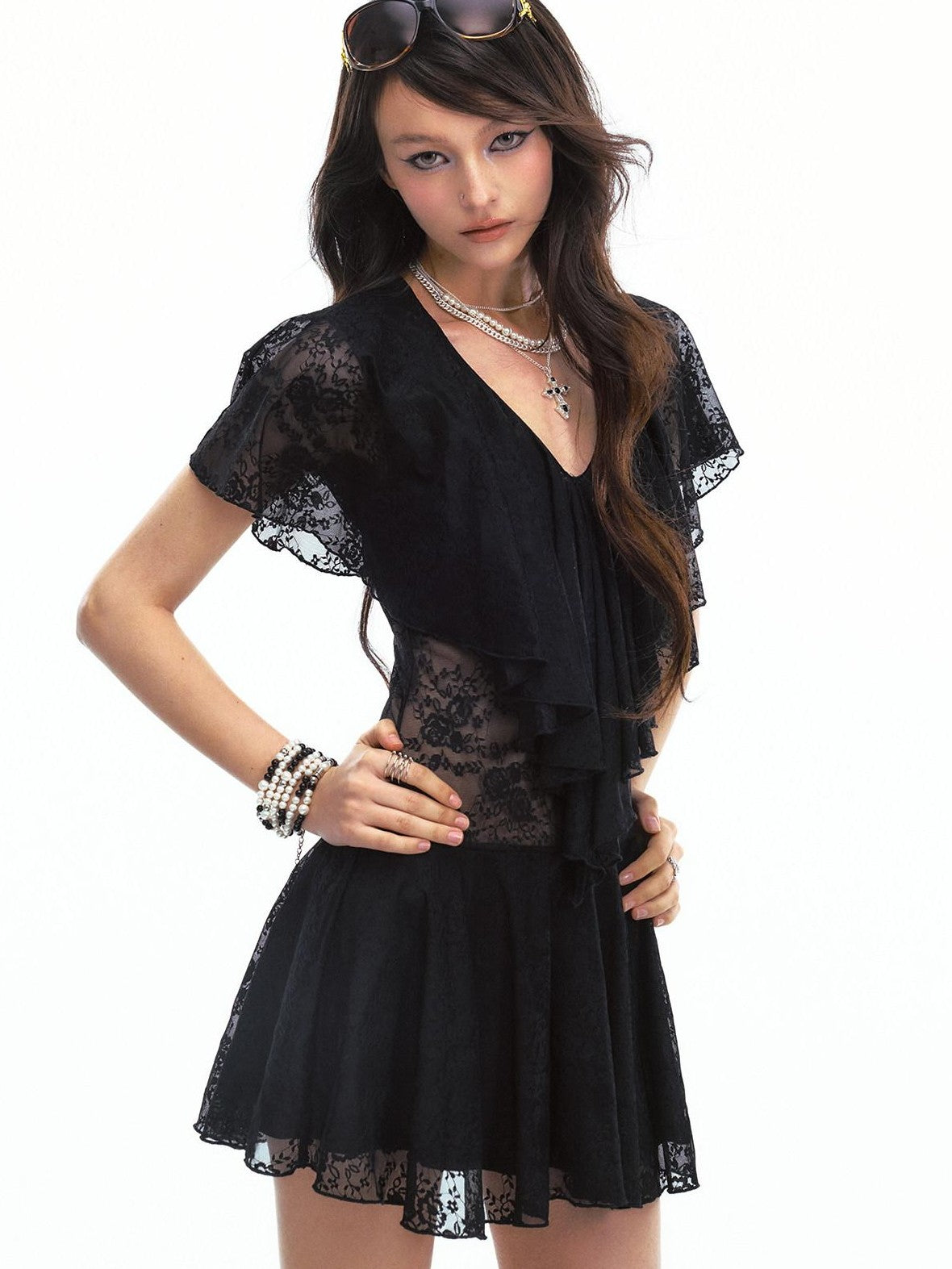 SereneEase Sheer Lace Asymmetric Deep V Waist Cinched Women's Nylon Casual Mini Dresses