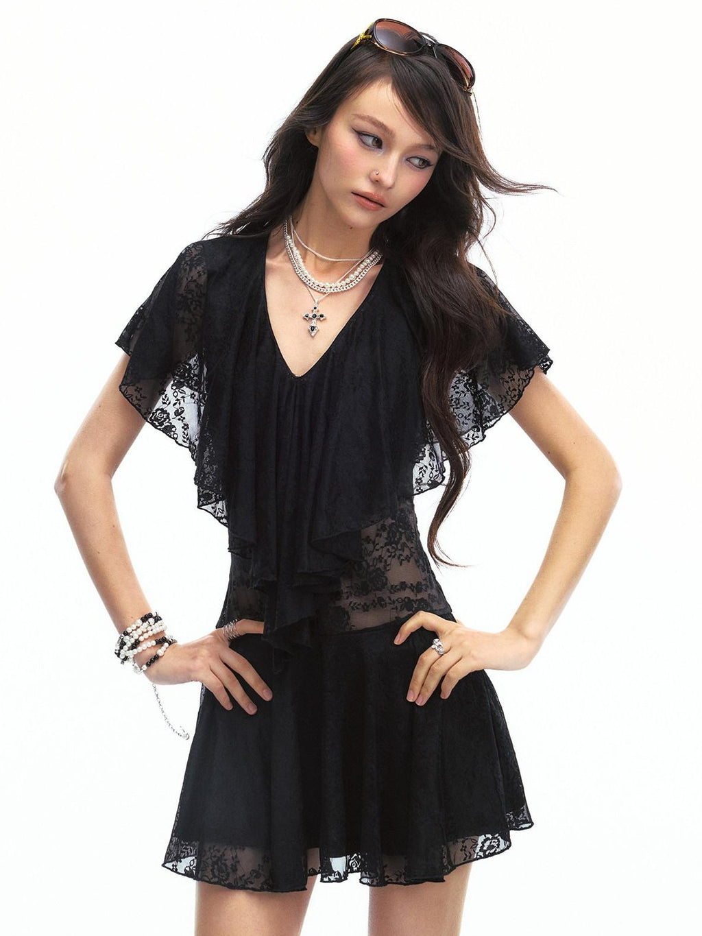 SereneEase Sheer Lace Asymmetric Deep V Waist Cinched Women's Nylon Casual Mini Dresses