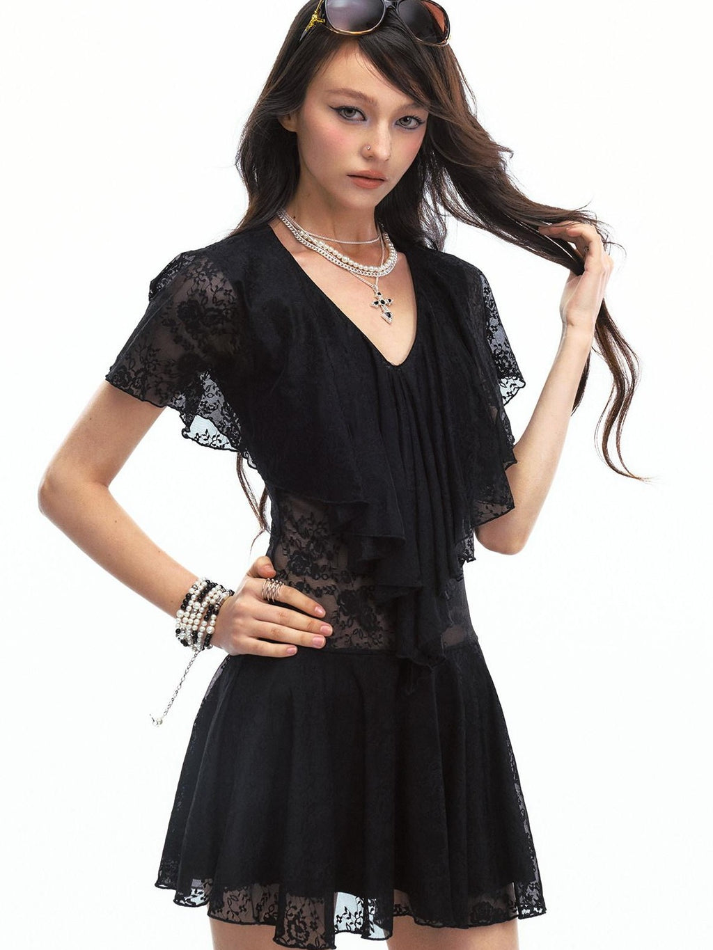 SereneEase Sheer Lace Asymmetric Deep V Waist Cinched Women's Nylon Casual Mini Dresses