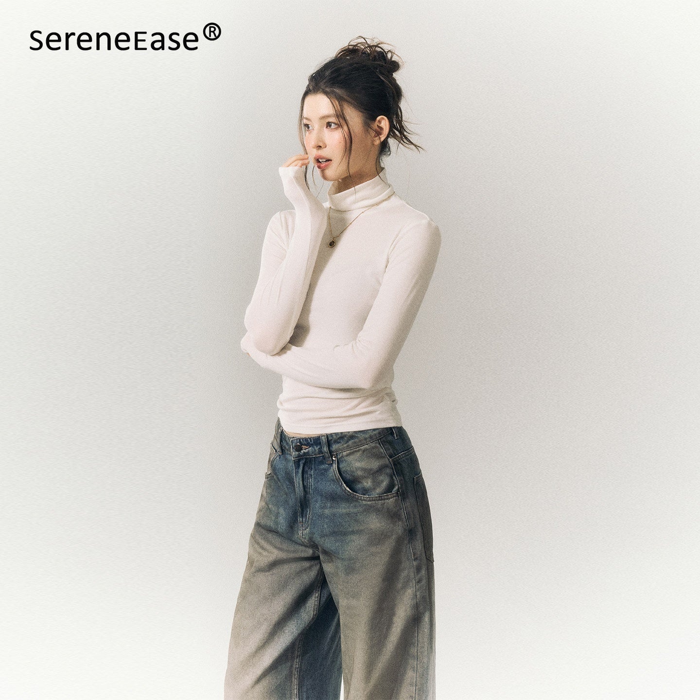 SereneEase_Solid_High_Neck_Slim_Fit_Women's_Tencel_Wool_Blend_Long_Sleeve_T-shirts_980689889570_MISSTT