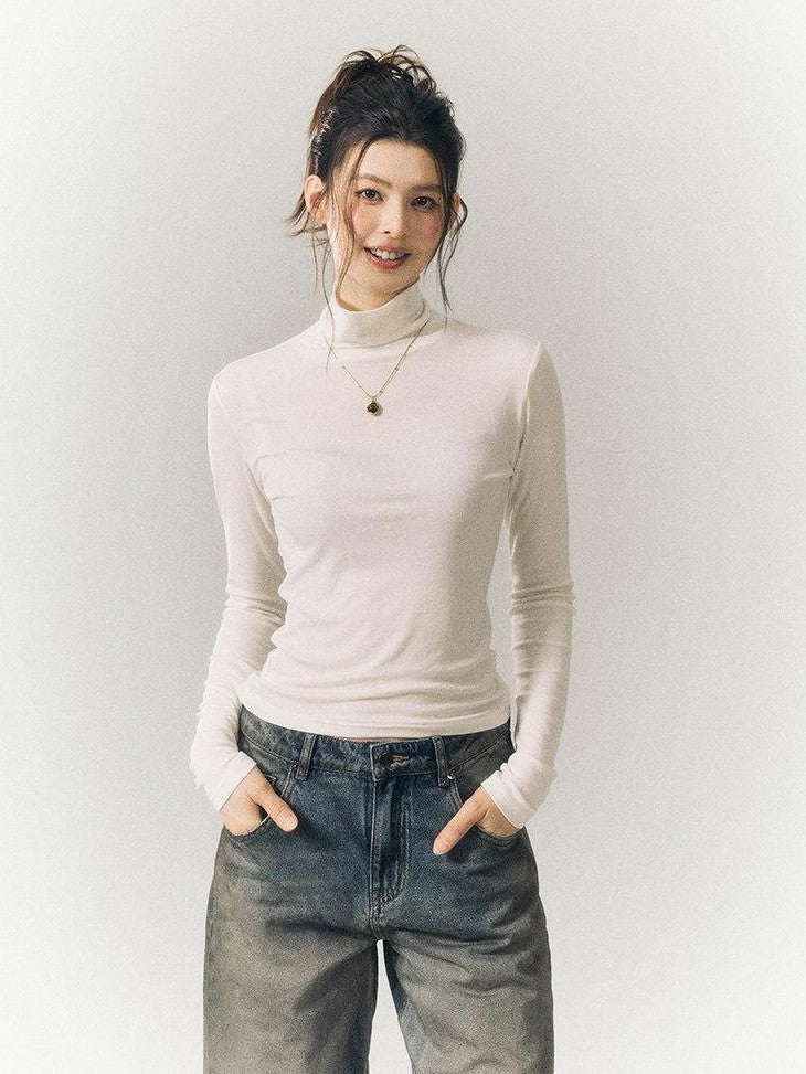 SereneEase Solid High Neck Slim Fit Women's Tencel Wool Blend Long Sleeve T-shirts
