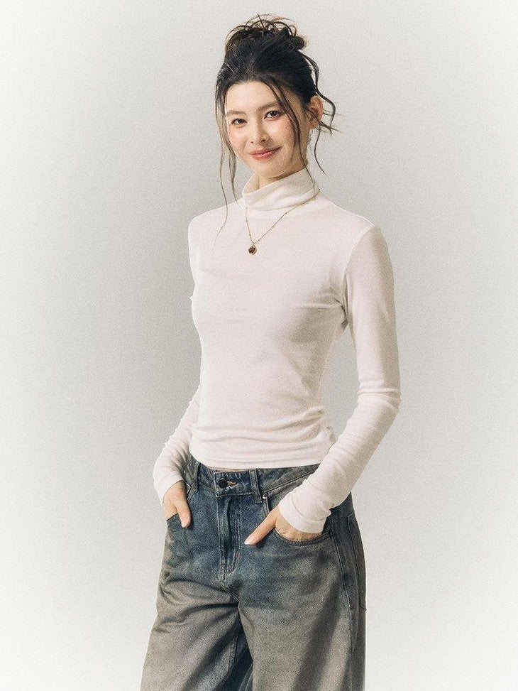 SereneEase Solid High Neck Slim Fit Women's Tencel Wool Blend Long Sleeve T-shirts