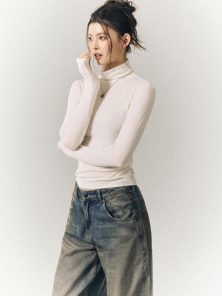 SereneEase Solid High Neck Slim Fit Women's Tencel Wool Blend Long Sleeve T-shirts