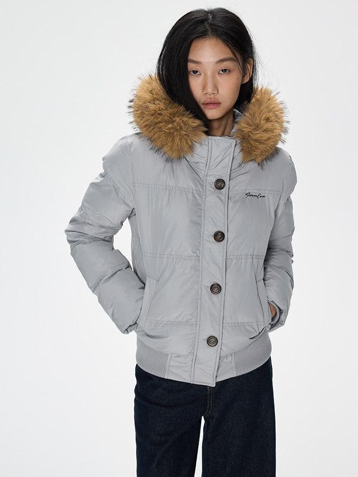 SereneEase Solid Large Fur Collar Hooded Women's 90 White Duck Down Down Jackets