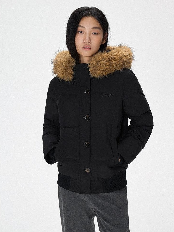 SereneEase Solid Large Fur Collar Hooded Women's 90 White Duck Down Down Jackets