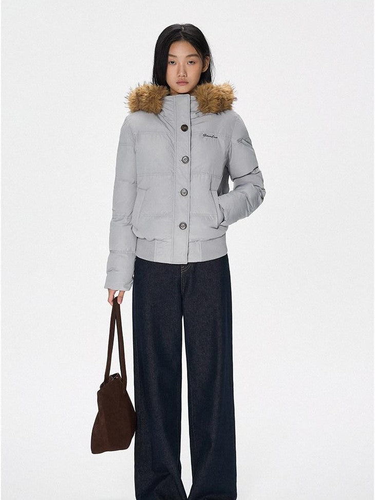 SereneEase Solid Large Fur Collar Hooded Women's 90 White Duck Down Down Jackets