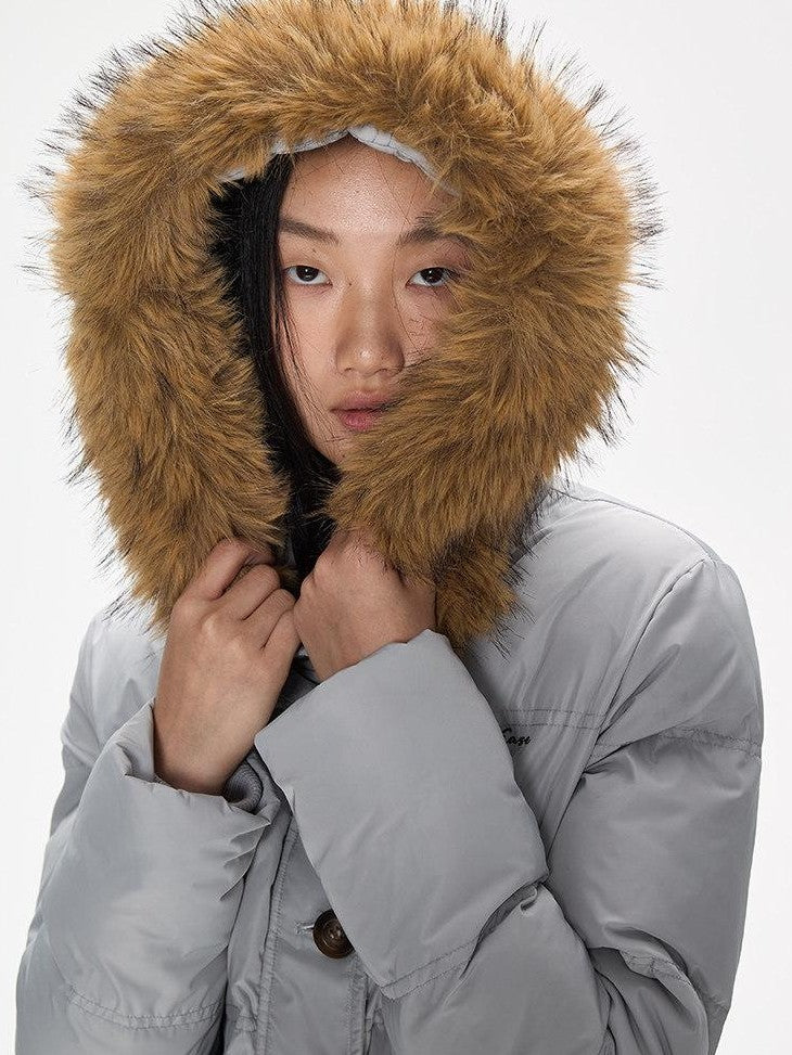 SereneEase Solid Large Fur Collar Hooded Women's 90 White Duck Down Down Jackets