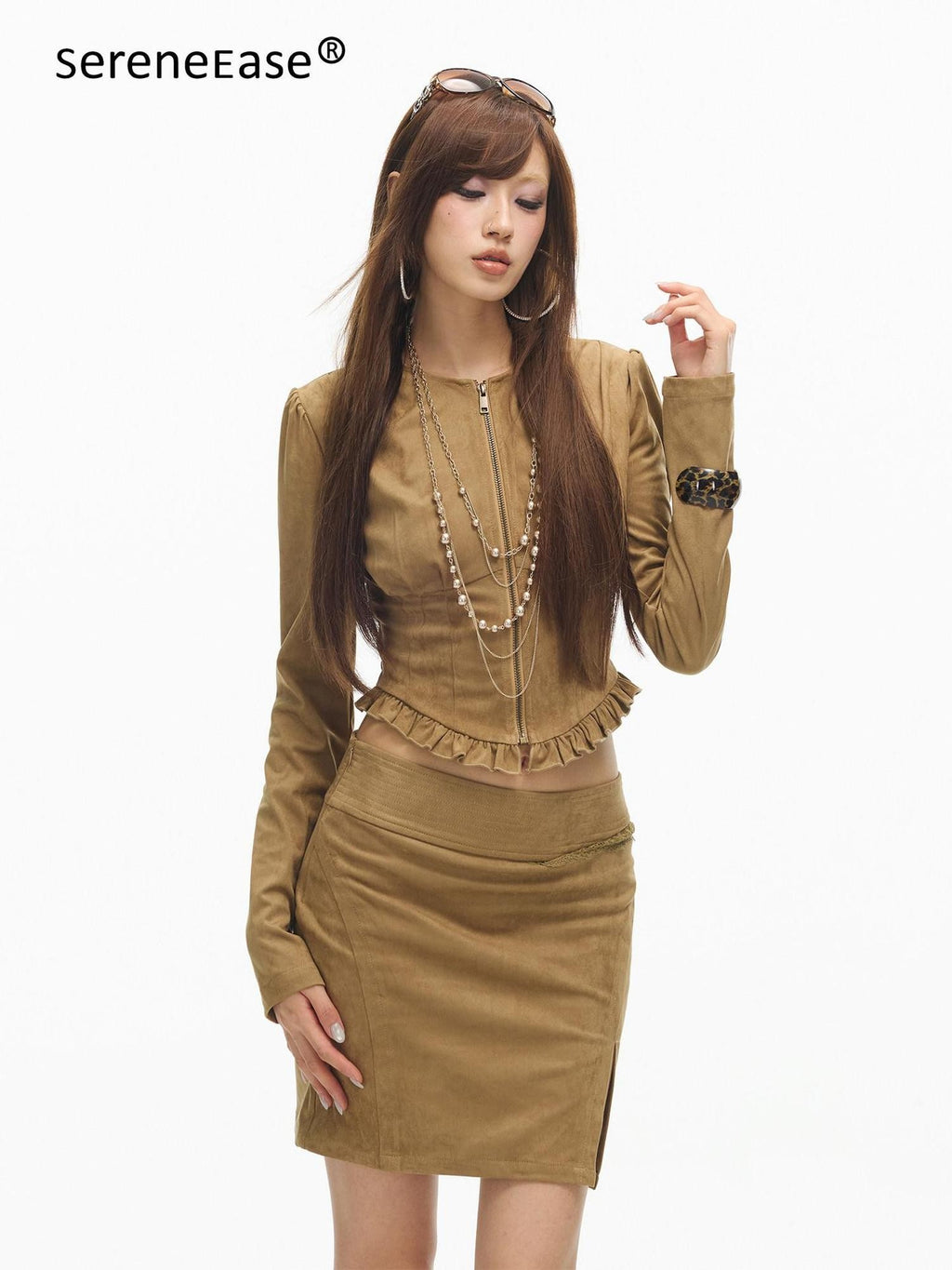 SereneEase Stand Collar Zip Ruffle Hem Slim Fit High Waist Women's Matching Skirt Sets