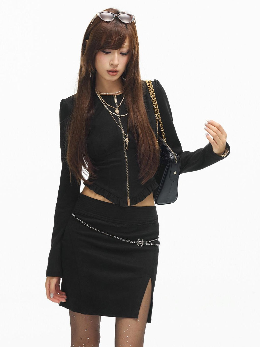 SereneEase Stand Collar Zip Ruffle Hem Slim Fit High Waist Women's Matching Skirt Sets