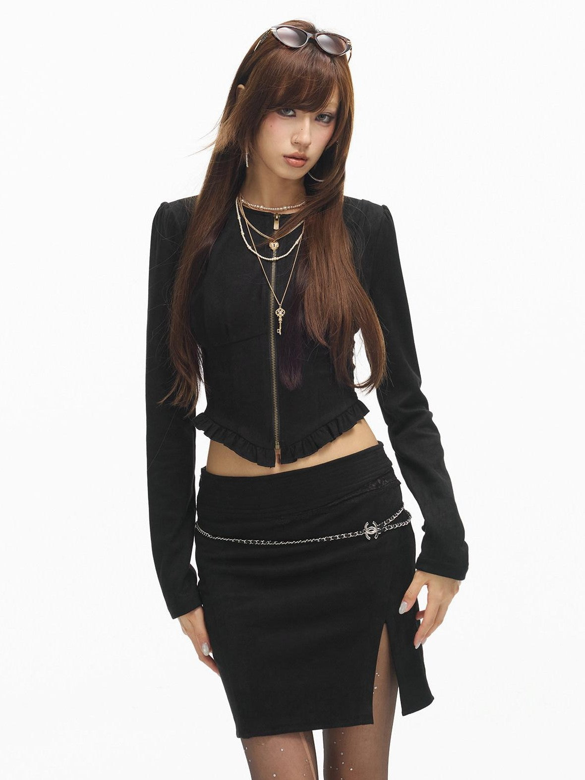 SereneEase Stand Collar Zip Ruffle Hem Slim Fit High Waist Women's Matching Skirt Sets