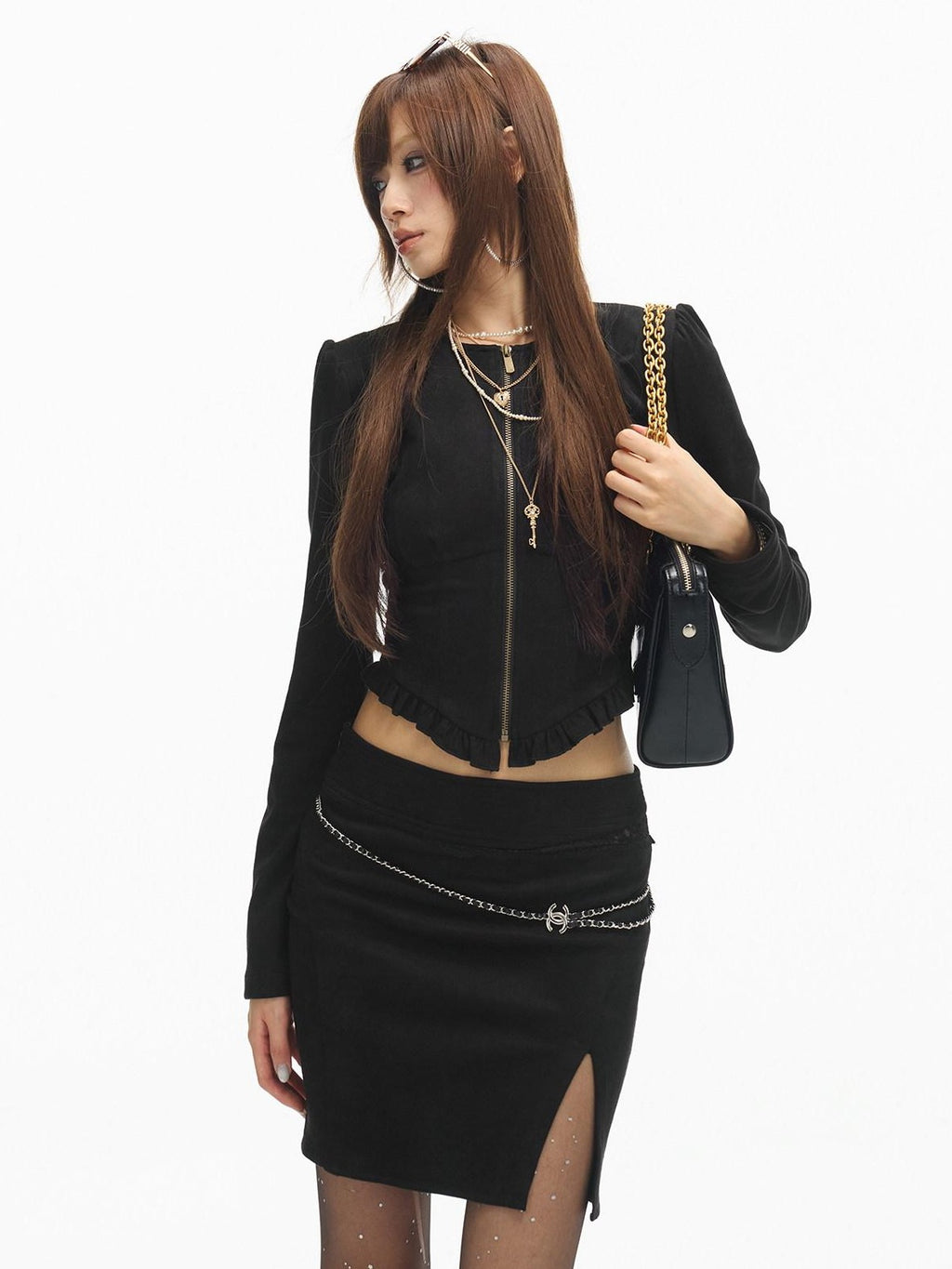 SereneEase Stand Collar Zip Ruffle Hem Slim Fit High Waist Women's Matching Skirt Sets