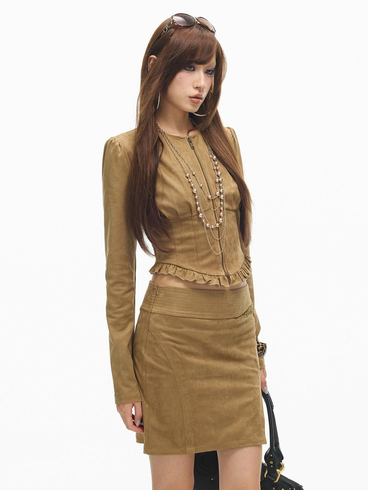 SereneEase Stand Collar Zip Ruffle Hem Slim Fit High Waist Women's Matching Skirt Sets