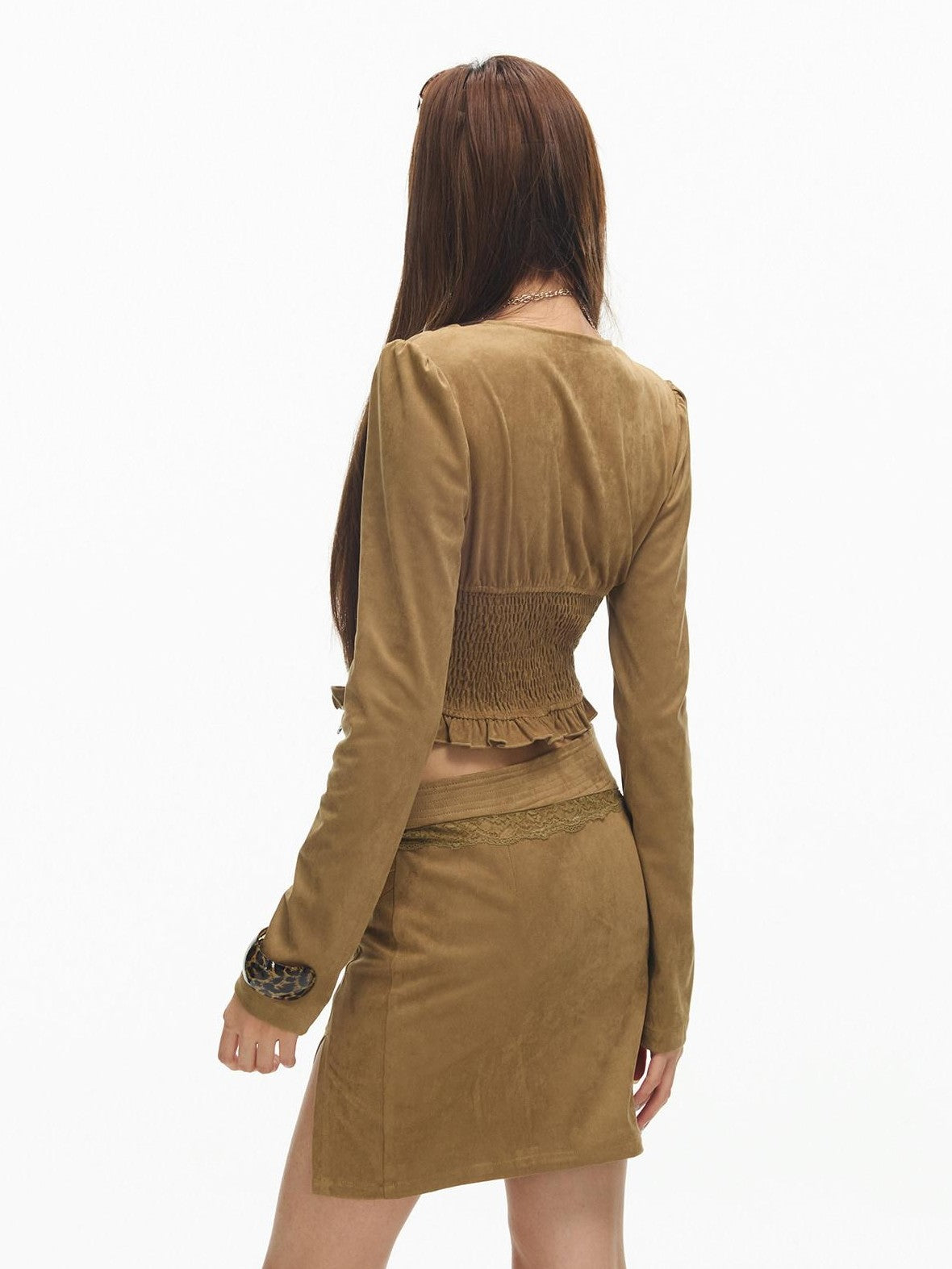 SereneEase Stand Collar Zip Ruffle Hem Slim Fit High Waist Women's Matching Skirt Sets