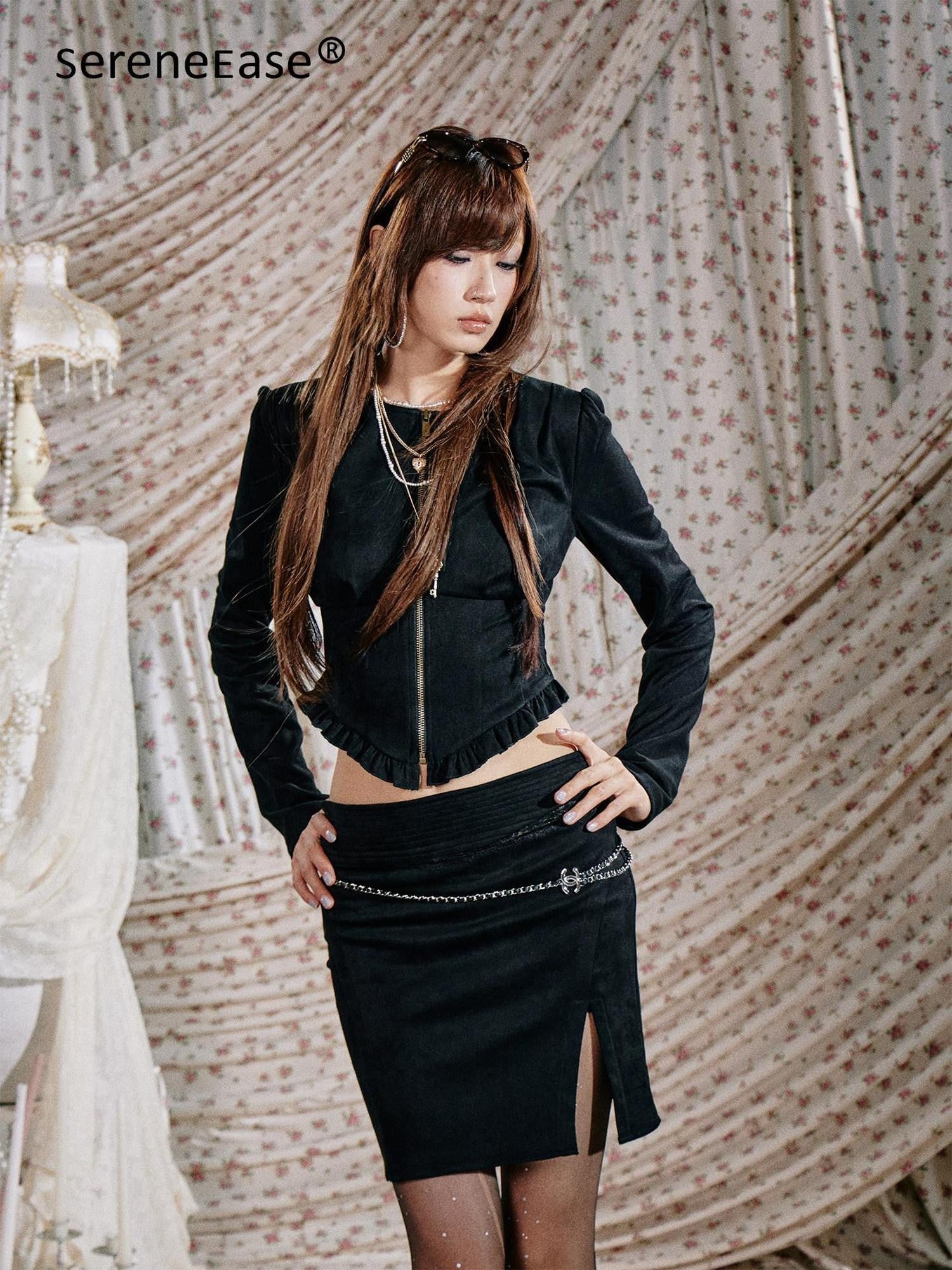 SereneEase Stand Collar Zip Ruffle Hem Slim Fit High Waist Women's Matching Skirt Sets