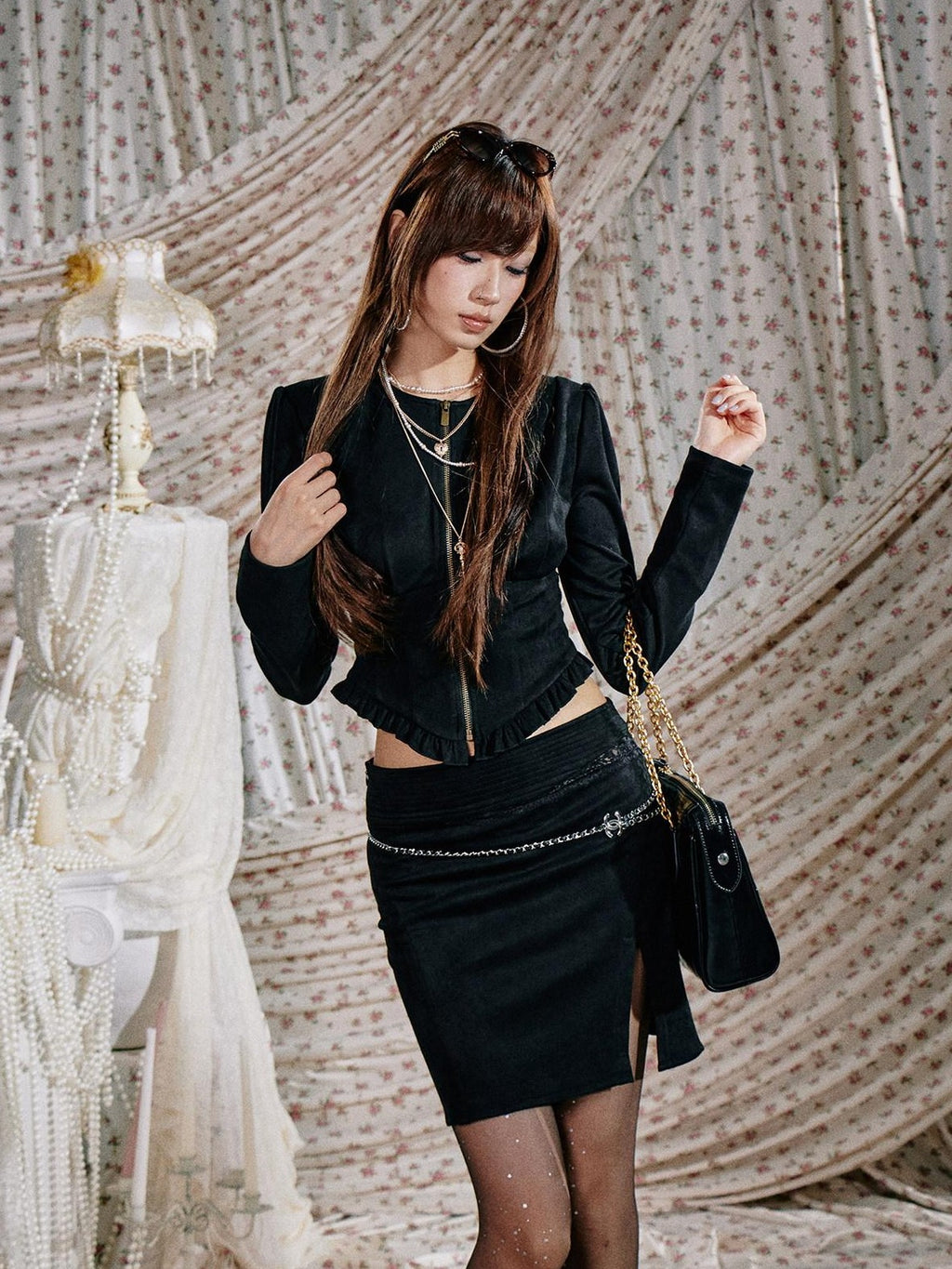 SereneEase Stand Collar Zip Ruffle Hem Slim Fit High Waist Women's Matching Skirt Sets