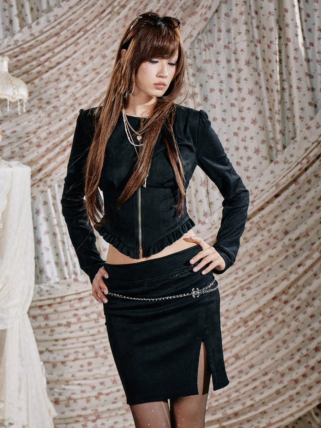 SereneEase Stand Collar Zip Ruffle Hem Slim Fit High Waist Women's Matching Skirt Sets