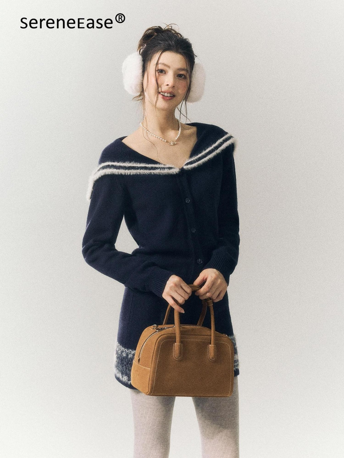 SereneEase Striped Jacquard Lace Trim Turn Down Collar Women's Wool Matching Skirt Sets