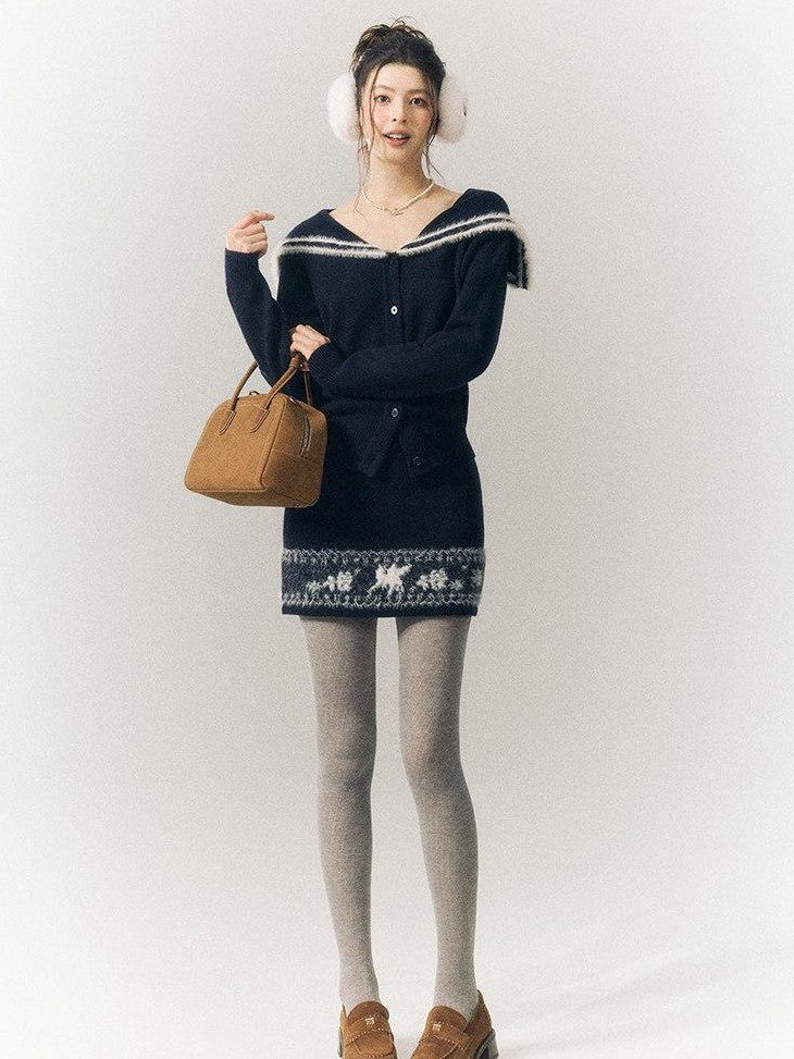 SereneEase Striped Jacquard Lace Trim Turn Down Collar Women's Wool Matching Skirt Sets