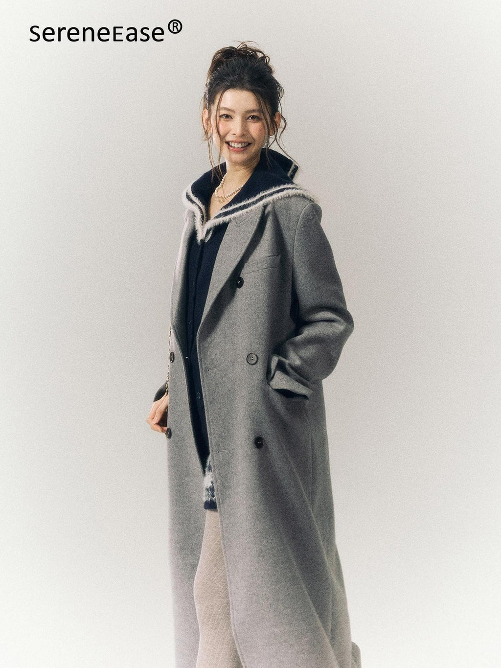 SereneEase Striped Jacquard Lace Trim Turn Down Collar Women's Wool Matching Skirt Sets