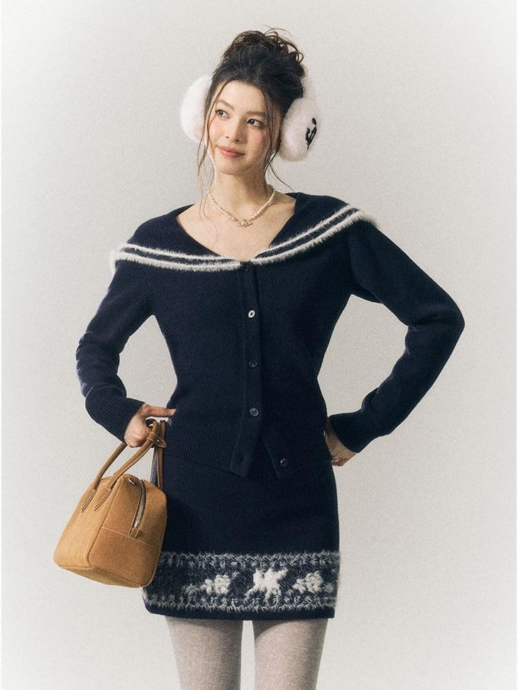 SereneEase Striped Jacquard Lace Trim Turn Down Collar Women's Wool Matching Skirt Sets