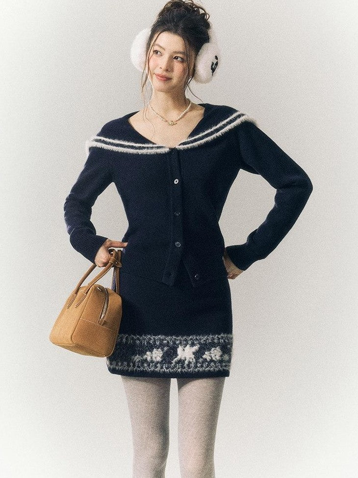 SereneEase Striped Jacquard Lace Trim Turn Down Collar Women's Wool Matching Skirt Sets