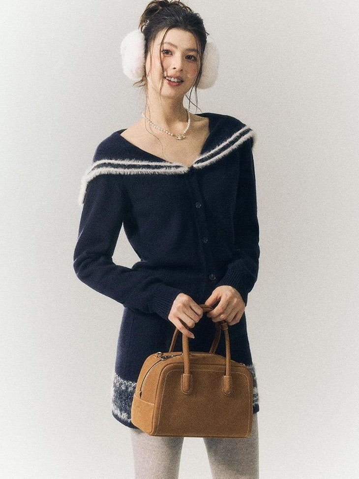 SereneEase Striped Jacquard Lace Trim Turn Down Collar Women's Wool Matching Skirt Sets