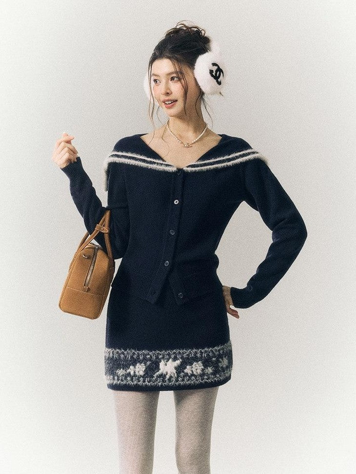 SereneEase Striped Jacquard Lace Trim Turn Down Collar Women's Wool Matching Skirt Sets
