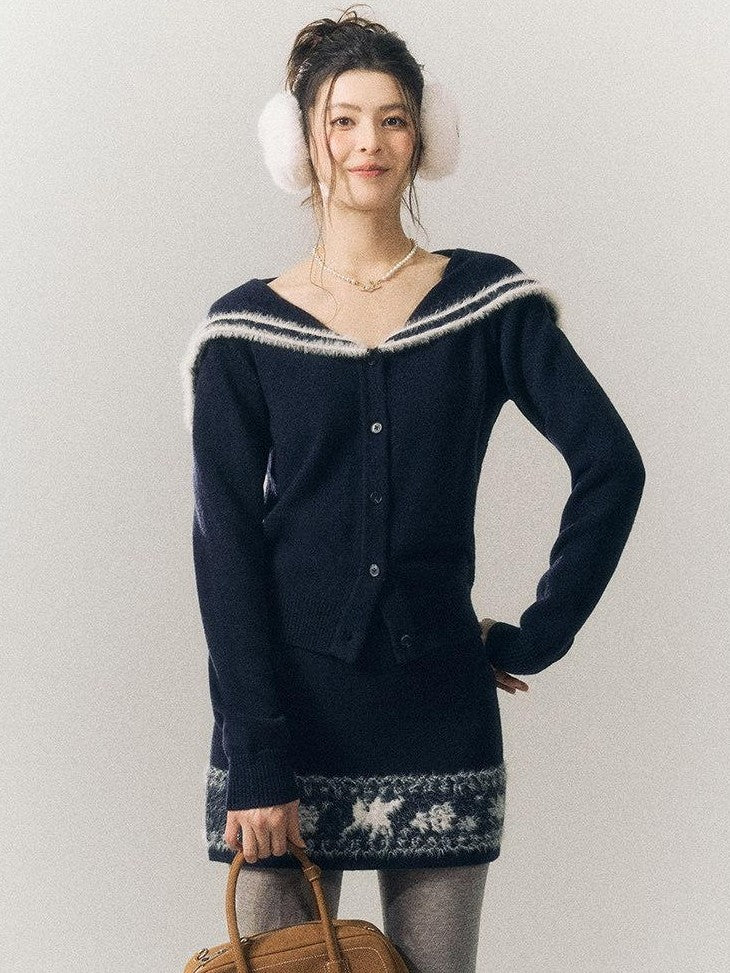 SereneEase Striped Jacquard Lace Trim Turn Down Collar Women's Wool Matching Skirt Sets