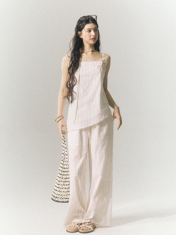 SereneEase Striped Slimming Sleeveless Camisole Two Piece Women's Wide-leg Pants