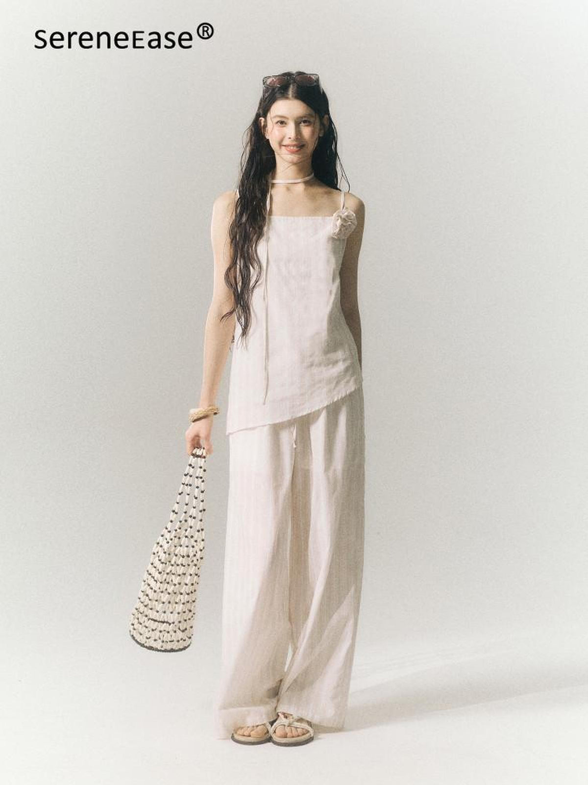 SereneEase Striped Slimming Sleeveless Camisole Two Piece Women's Wide-leg Pants