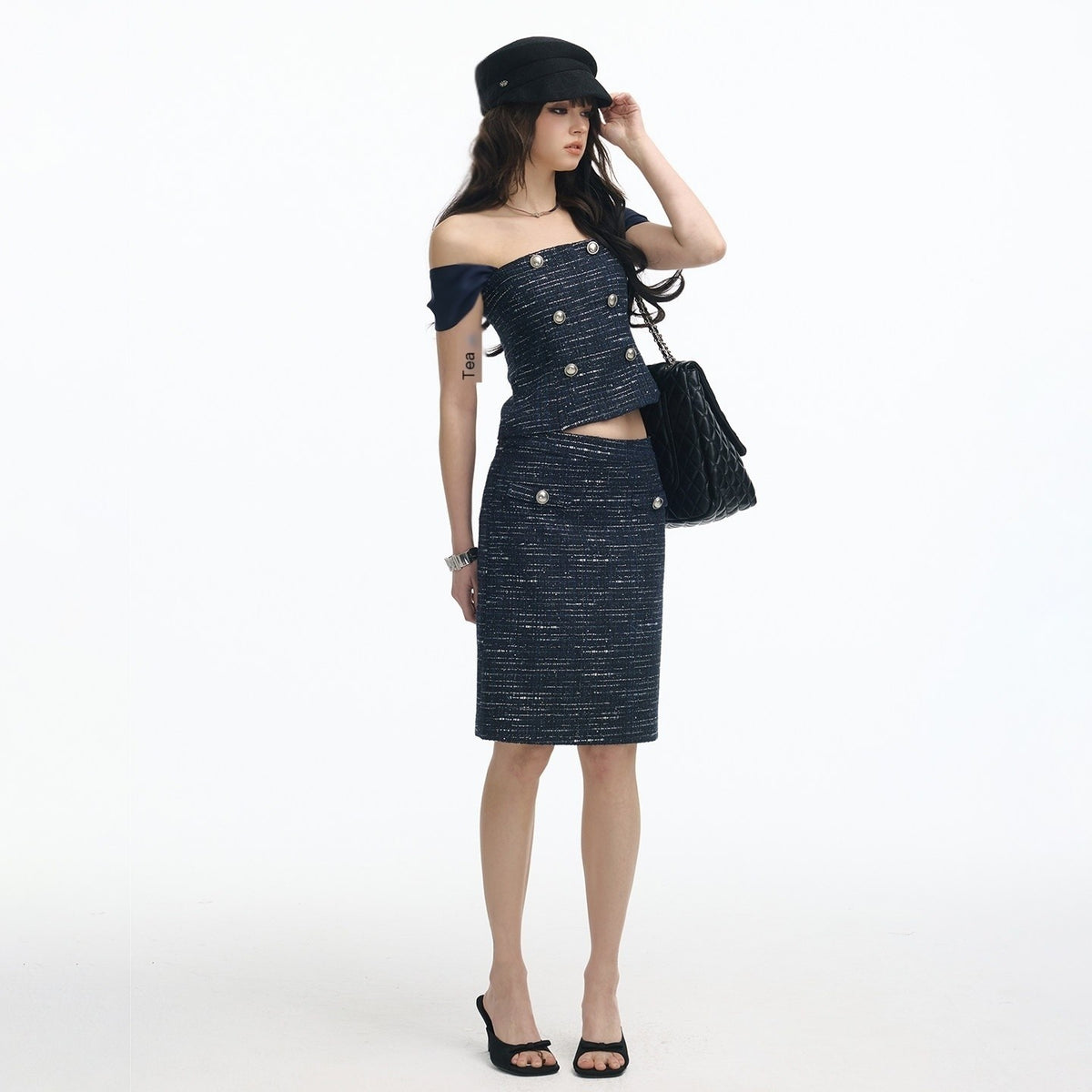 SereneEase_Tweed_Off_Shoulder_Double_Row_Buttons_Fitted_Midi_Women's_Matching_Skirt_Sets_1039849649214_MISSTT