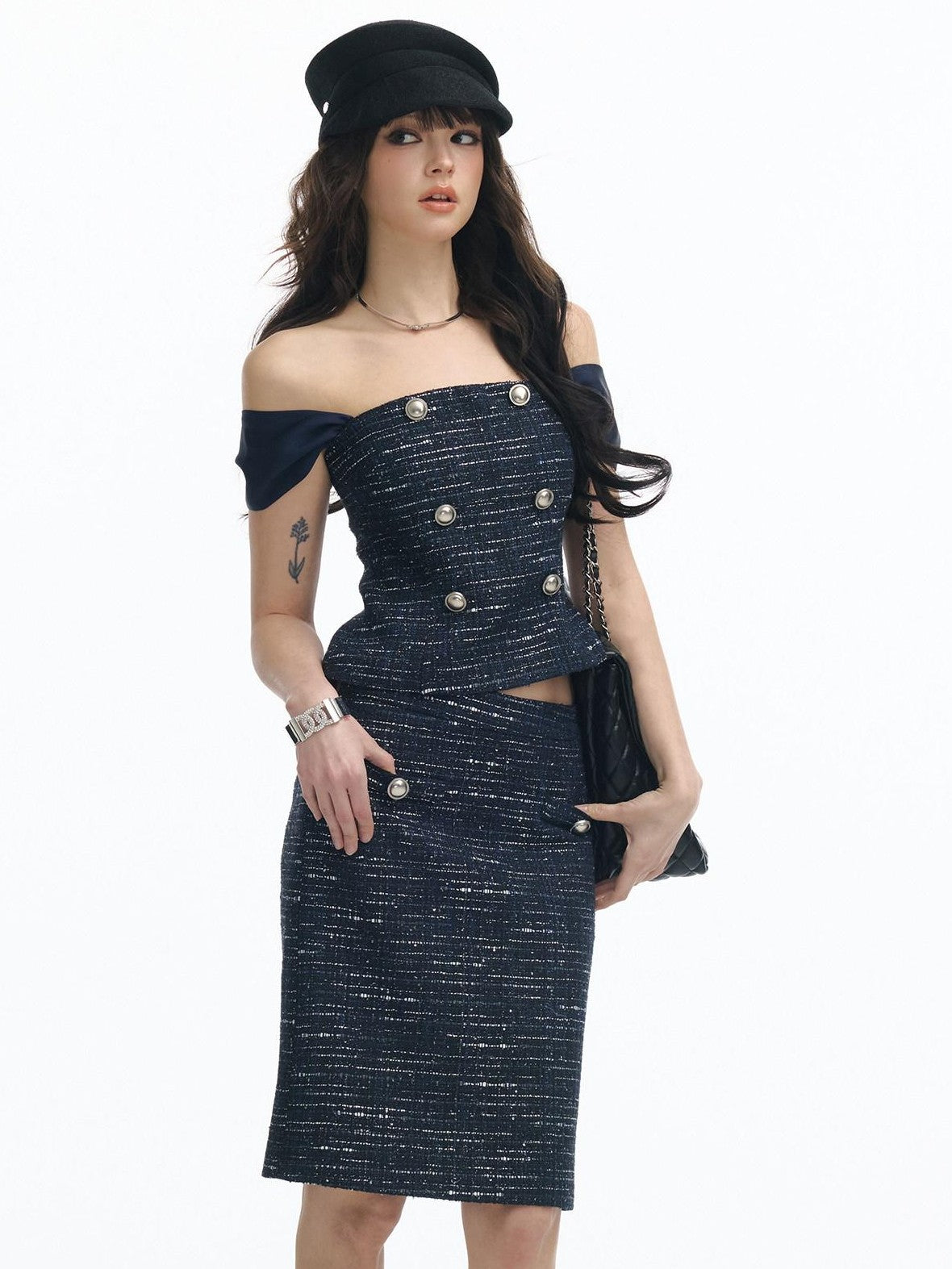 SereneEase Tweed Off Shoulder Double Row Buttons Fitted Midi Women's Matching Skirt Sets