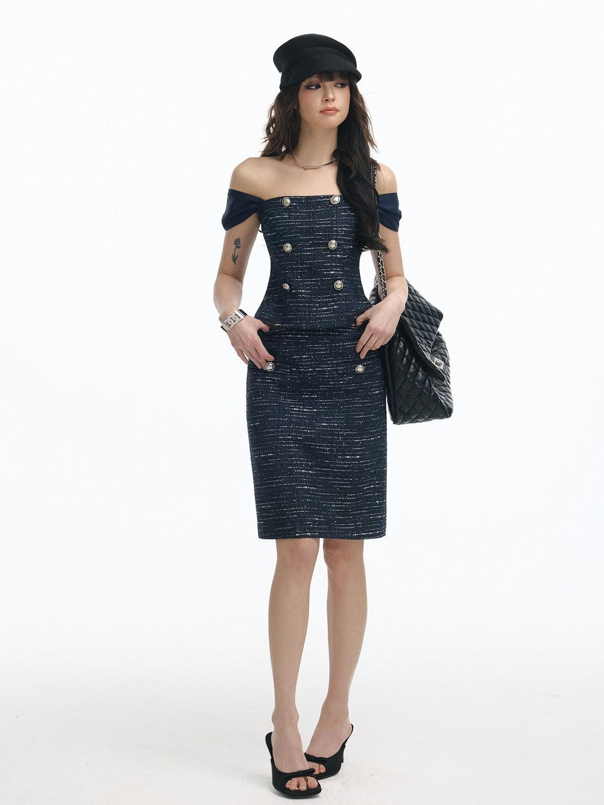 SereneEase Tweed Off Shoulder Double Row Buttons Fitted Midi Women's Matching Skirt Sets