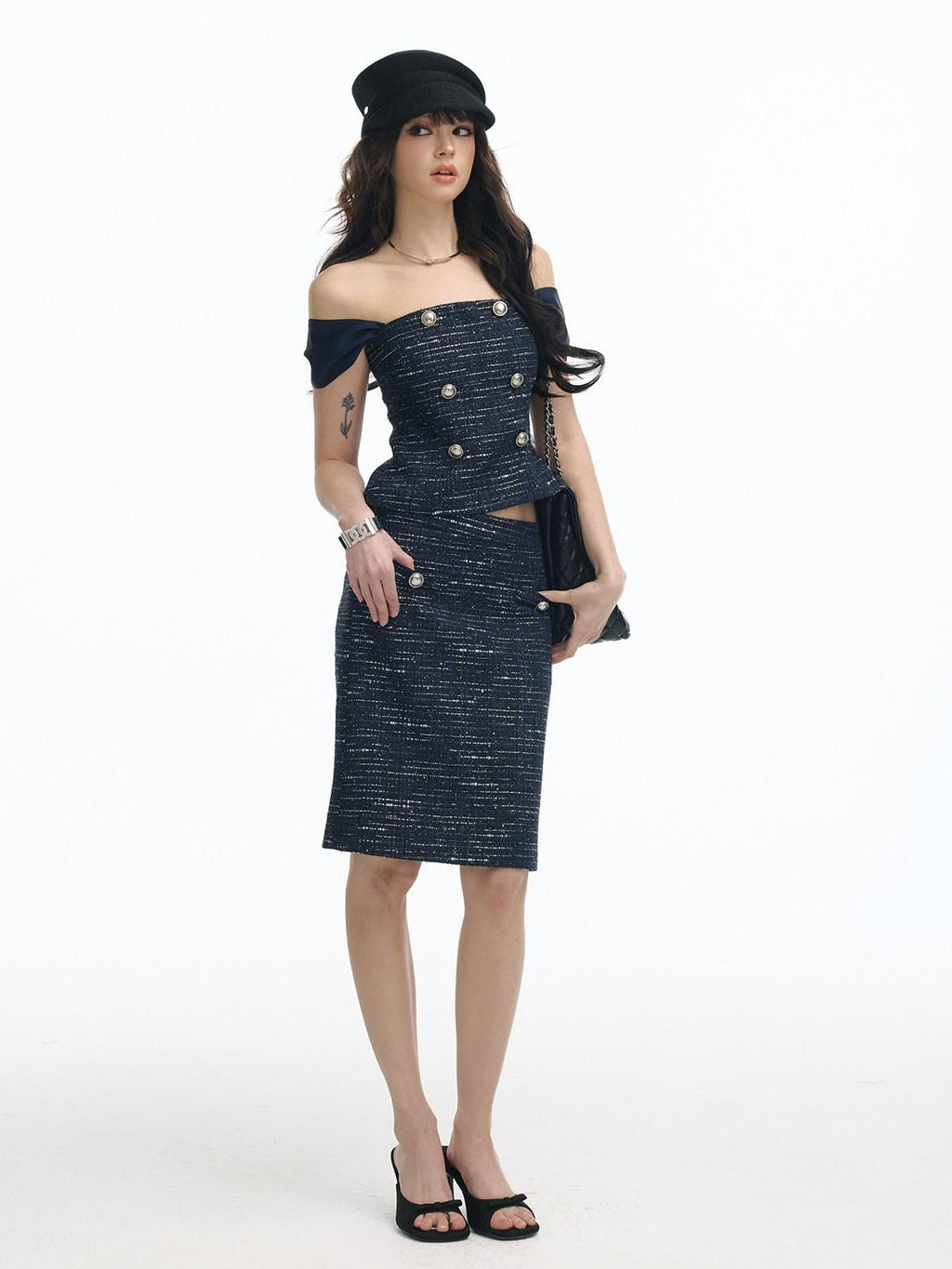 SereneEase Tweed Off Shoulder Double Row Buttons Fitted Midi Women's Matching Skirt Sets