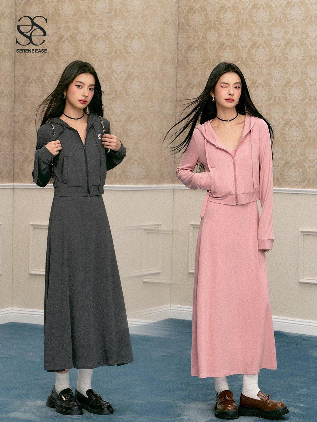 SereneEase Vintage Collegiate Hooded Zip Top And Camisole Women's Matching Skirt Sets