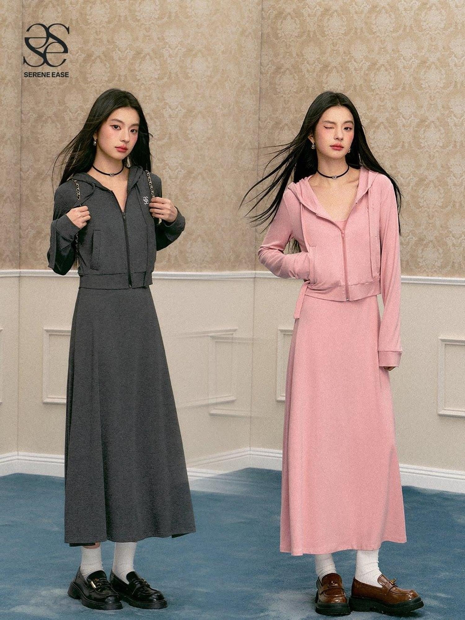 SereneEase Vintage Collegiate Hooded Zip Top And Camisole Women's Matching Skirt Sets