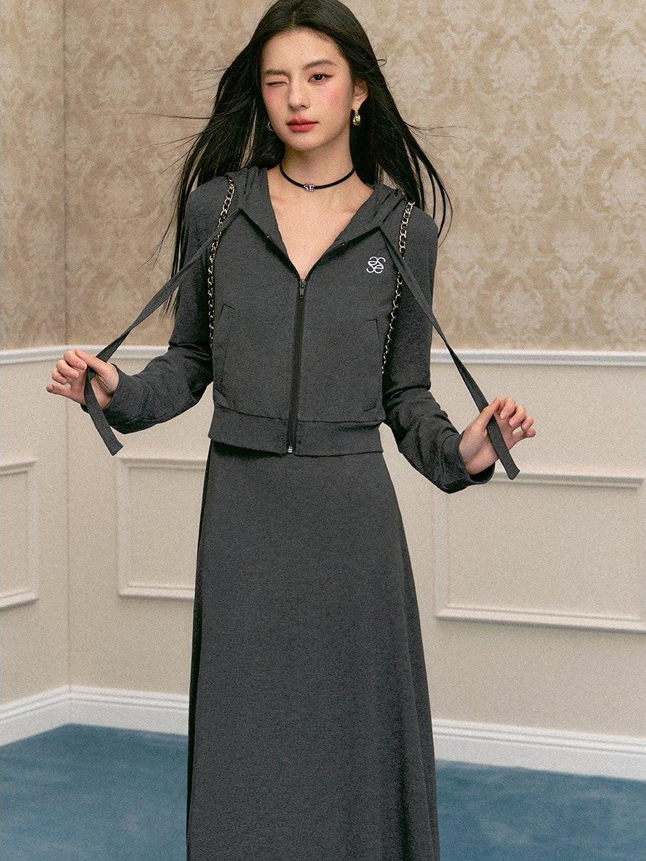 SereneEase Vintage Collegiate Hooded Zip Top And Camisole Women's Matching Skirt Sets